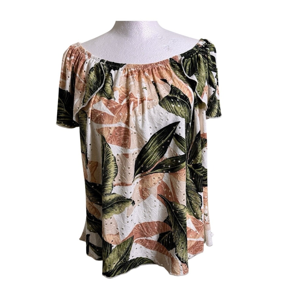 Kim & Cami Tropical Leaf Eyelet Top S Off Shoulder Boho Vacation Beachy Summer